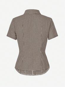 阳光少女风春季情人节女装Y2K返校季棉质修身翻领短袖衬衫，带纽扣，棕色格子学院风上衣