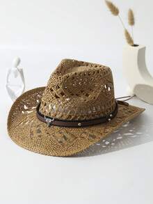1pc Unisex Cattle Head Decor Cowboy Hat Hollow Out Printed Cowgirl Hat Wide Brim Handmade Casual Sun Hat Spring Summer Travel Shade Beach Hat Straw Hat - 卡其色 - 查看 2
