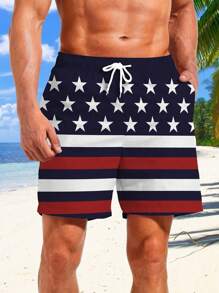 Quick-Drying Flag Print Men Shorts - Lightweight & Breathable Active Beach Wear With Drawstring - Perfect Hawaiian Style For Summer Resort Vacations,Hawaiian