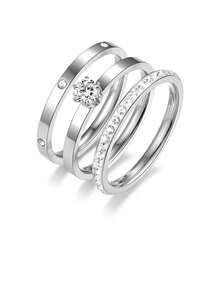 3pcs Set Modern Minimalist Fashion Versatile Sparkling Cubic Zirconia Round Ring Set, Stainless Steel Rings Suitable For Women To Match Daily Outfits And Party Accessories, Great Gift