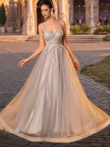 Contrast Lace Mesh Cami Prom & Evening Dresses Sparkly Lace Prom Dresses With Embroidered Spaghetti Strap Homecoming Dresses For Teens Rhinestone Lace Applique A Line Formal Evening Dresses Floor Length Mesh Ball Gown For Party Zipper Back, For Wedding Guest