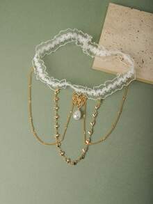 1pc Bride Leg Chain White Lace Trim Gold Chain With Butterfly & Heart Pendant Bridal Thigh Chain