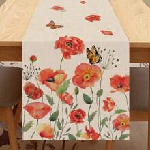 Spring Poppy Floral Tablecloth, Watercolor Patriotic Botanical Butterfly Home Kitchen Plant Decor, Memorial Day Summer Seasonal Farmhouse Restaurant Anniversary Decor