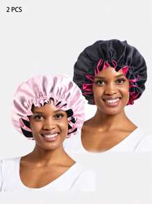 2pcs Plus Size Double-Layer Lace Trim Round Night Sleep Cap, Chemo Hat, Hair Cover Accessory For Women Valentine's Day Valentines