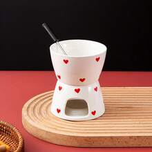 1 Set Heart-Shaped Ceramic Fondue Set, Includes 2 Forks, Cute Butter Warmer Set, Melting Pot Set For Chocolate, Cheese, Candy, Ceramic Fondue Cup Set, Suitable For Date Night, Birthday, Mother's Day And Wedding Gifts - Multicolor - View 2