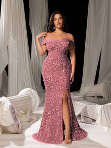 Faeriesty Curve Plus Elegant Sequin Off-Shoulder Mermaid Gown With High Slit - Shimmering Evening Wear For Red Carpet Events, Luxury Weddings, Glam Party Dresses & Formal Banquets - Bụi hồng - Xem 3