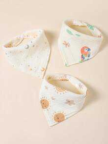 3 件装婴儿/幼儿柔软舒适星星、月亮、鹦鹉、太阳印花棉布围兜 - 彩色 - 查看 1