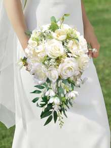 1 pieza Ramo de novia en cascada de rosas blancas artificiales, ramo de boda para lanzar, para ceremonia de boda, aniversario, verano, cumpleaños, regalos, decoración de habitación, útiles escolares