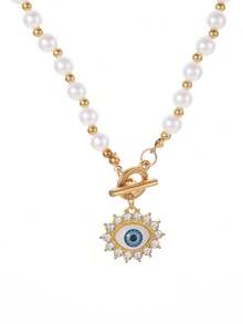 1pc Devil's Eye Fully Rhinestoned Eye Pendant Pearl OT Clasp Necklace - Eye - View 4