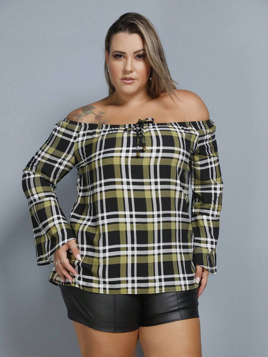 Women's Plaid Shirt Plus Size Blouse Long Sleeve GG G1 G2 G3 - Verde novo - 查看 1
