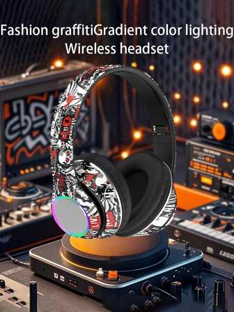 Graffiti Design Headphones - Foldable Hi-Fi Stereo Headphones, 350mAh, Soft Ear Pads, Wireless Connection, Volume Control, Type-C, Compatible With Phones/Computers, Not Waterproof, Plastic Material, DJ, Gaming Companion, Super Cool