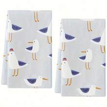 2pcs Set Seagull Printed Kitchen Towels, Super Soft Absorbent Dish Cloths, Machine Washable, Cartoon Seagull Theme Towels, Suitable For Cooking, Baking Cleaning And Kitchen/Bathroom Decor, Bath Towels, 40*60cm