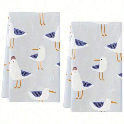 2pcs Set Seagull Printed Kitchen Towels, Super Soft Absorbent Dish Cloths, Machine Washable, Cartoon Seagull Theme Towels, Suitable For Cooking, Baking Cleaning And Kitchen/Bathroom Decor, Bath Towels, 40*60cm