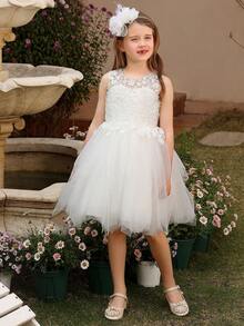 Tween Girl Sleeveless Mesh Lace Puff Party Dress - White - View 5