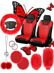 1 set accessoires d'intérieur de voiture pour femmes : housses de siège avant motif papillon mignon, couvre volant/frein à main/pommeau de vitesse en peluche, décoration suspendue de rétroviseur en peluche et strass, 1 paire de porte-gobelets en silicone, accessoires d'intérieur de voiture roses
