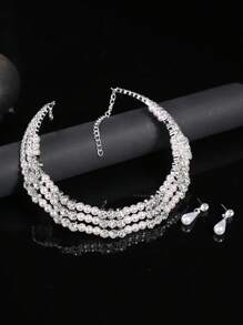 3 pièces Set de collier ras-du-cou et boucles d'oreilles à 3 rangs en zircone et perle, accessoire de robe de mariée, collier à gland