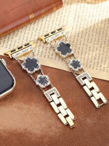 1pc Compatible With Apple Watch Band Watch Strap Women, Black Five Leaf Clover Diamond Golden Copper Strap, Summer Flowers Metal Bracelet,Compatible With Apple Watch 38/40/41/42/44/45/46/49 Mm, Compatible With Apple Watches Series Ultra3/2/1/Se/10/9/8/7/6/5 4/3/2/1, Ms Old Money Wind High Fashion Accessories