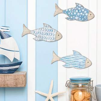 3 件木制鱼墙饰海滩航海海岸主题鱼墙雕塑木质学校鱼墙艺术湖屋海洋装饰复古装饰家居浴室卧室学校装饰学校惊喜宿舍装饰返校