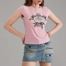 Women Teen Girl Y2k Top Clothes Cute Graphic Print Brown Crop Top Tee T-Shirt E Girl Clothing Aesthetic - Pink - View 3