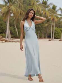 Women Long Dress Solid Color V-Neck Tie-Up Halter Neck Backless Dress Summer Fashion Sleeveless Casual Dress - Màu xanh lam - Xem 4