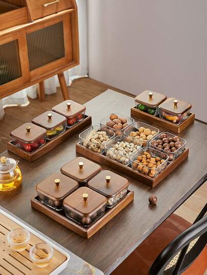 1set Japanese Style Walnut Wood Tray, Creative Glass Fruit Bowl, Square Lid Snack Plate, Multi-Compartment Nuts Dish, For Living Room, Wedding Party, Birthday, Picnic