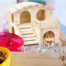 1 pieza Casa de madera para hámsteres, laberinto refugio para hámster, casa con tobogán divertido para hámster con ventana, choza desmontable de dos pisos para hámster, ratón enano, ratón, animales pequeños