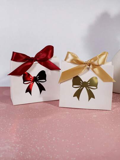 5pcs Mini Gift Boxes With Metallic Foil Bow Print & Satin Ribbon – Elegant White Treat Boxes For Candy, Jewelry, Small Gifts – Perfect For Weddings, Birthdays, Ba By Showers, Christmas & Holiday Parties – Red & Gold Accents On Cardstock Packaging For Women Storage Organizer Travel Essentials Back To School Dormitory Storage Fall Decor