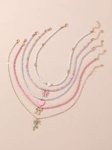 5 Peças/Conjunto Conjunto de Colares de Contas com Pingentes de Borboleta/Coração/Flor, Colares Multicamadas, Presente de Jóias Fofo para Meninas - Multicolorido - Visão 3