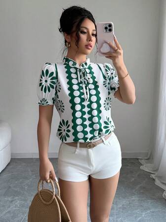Women's Casual, Elegant, Versatile And Daily Blouses With Green And White Color Blocking And Fashionable Prints, Suitable For Commuting, Work, Summer Women's Tops, Spring And Summer, Valentine's Day And Teachers' Day