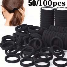 Set de 20/50/100/200 piezas de gomas de pelo elásticas negras, bandas de goma sin costuras simples para coleta, lazos de pelo elásticos de color sólido para mujeres, cómodos, esenciales para el hogar y los viajes de vuelta al colegio