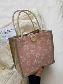 Linen Handbag,Khaki Colored Bag, Linen Button Decoration Handbag, Simple Large Capacity Handbag, Portable Casual Storage Handbag, Multi-Functional Shopping Bag, New Design, Large Capacity, Shopping Ideal, Shoulder Bag, Handbag, Lunch Bag, Lunch Box, Messenger Bag, Suitable For Women, Mother's Day Gift, Daily Use, Dating, Birthday, Holiday, Back To School, Summer, Vacation, Beach, Travel