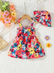 1buc rochie sling cu imprimeu floral pentru fetițe, cu pălărie, atmosferă de vacanță