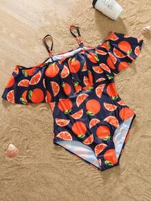 Women  Swimsuits Orange Print Ruffle Bathing Suits Mommy Daughter Bikini Swimwear Trunks Bathing Suit - Orange - View 2