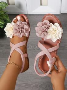 1 par de sandalias planas con tira de tobillo, decoración de flores, de verano, ligeras y casuales para adolescentes