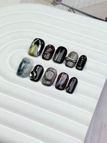 10 件/套 DIY 手工制作简约百搭手绘图案，大理石光环，深色爆炸闪光空间法式浮雕效果，适合秋冬季穿着，包括短方形假指甲、1 件果冻凝胶和 1 件指甲锉，非常适合日常生活和派对装扮按压指甲美甲用品（显示卡随机）