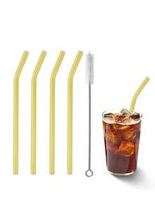 4/8 件可重复使用的黄色玻璃吸管，耐热高温可清洗可重复使用的水果饮用吸管，适用于奶茶、果汁、冷饮、鸡尾酒、女友礼物、父亲节。 - 黃色 - 查看 1