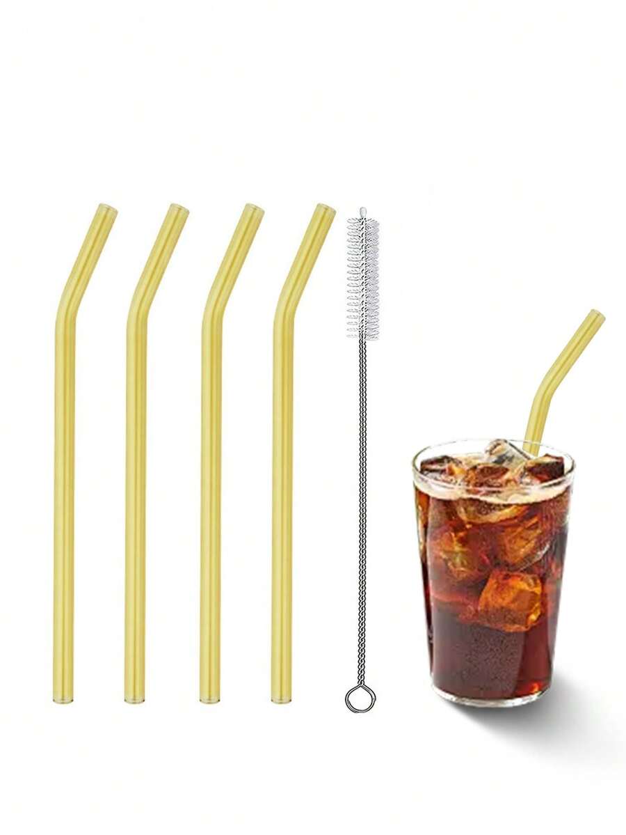 4/8 件可重复使用的黄色玻璃吸管，耐热高温可清洗可重复使用的水果饮用吸管，适用于奶茶、果汁、冷饮、鸡尾酒、女友礼物、父亲节。 - 黃色 - 查看 1