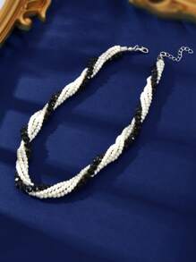 1 Pc Elegant Faux Pearl White And Black Beads Winding Collar Necklace Wedding Party Bridal Jewelry Accessories