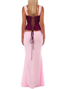 Women 2 Piece Skirts Set Sleeveless Ruched Tank Tops Bodycon Long Skirt Y2K Going Out Shirts Summer Outfits - 粉色 - 查看 3