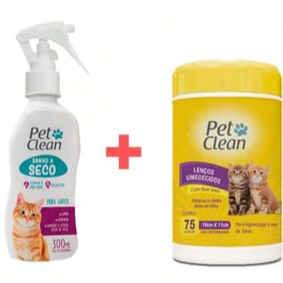 Kit Banho a Seco Gatos + Lenço Umedecido Gatos Pet Clean