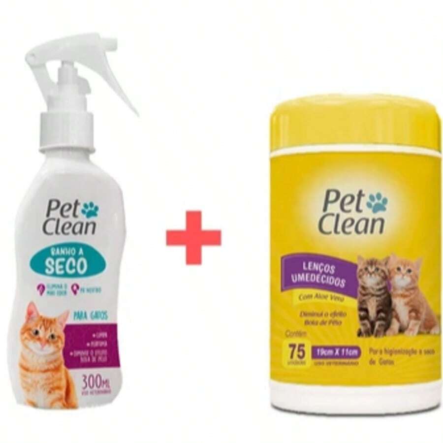 Kit Banho a Seco Gatos + Lenço Umedecido Gatos Pet Clean