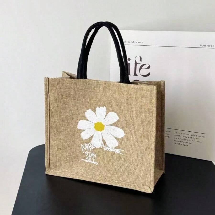 Large Capacity Linen Tote Bag With Tropical Print, Daisy, Letter, Geometric Pattern, Convenient For Carrying, Suitable For All Seasons - Brown - View 1