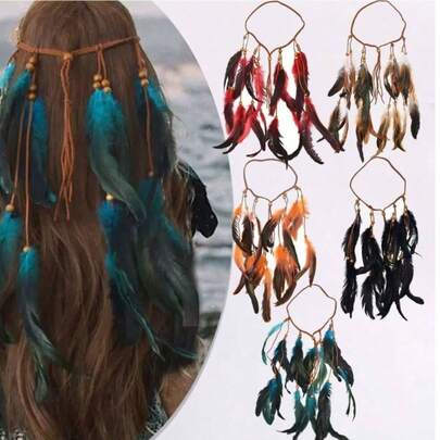 1 件女士多色羽毛流苏发带，采用复古时尚手工编织绳和木珠制成，适合假日和日常佩戴，可作发饰、头巾、发带，秋冬季度假发带，女士优雅围巾，女士头巾，柔软头巾