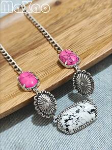 复古西南风格绿松石 + 牛仔链项链，适合女士佩戴，全绿松石珠，设计独特，不褪色，适合女性休闲佩戴