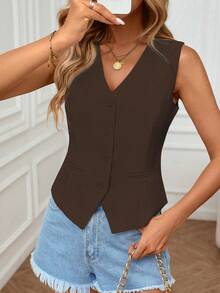 Women's Elegant Suit Vest, Casual Office Commute Sleeveless Jacket Waistcoat - Coffee Brown - View 5