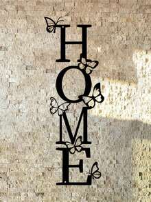 1buc HONME decor de perete metalic cu ornament fluture, artă grafică pentru sufragerie, decor pentru intrare verticală cu tematică pentru casă