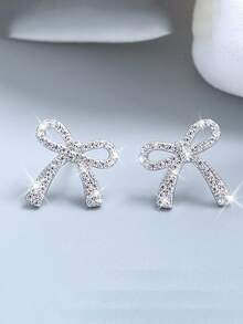 1 Pair Rhinestone Bowknot Delicate Unique Versatile Girls Daily/Gift Earrings - White - View 1