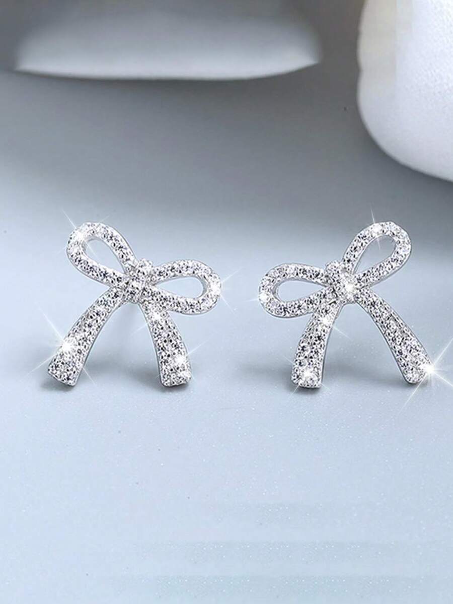 1 Pair Rhinestone Bowknot Delicate Unique Versatile Girls Daily/Gift Earrings - White - View 1