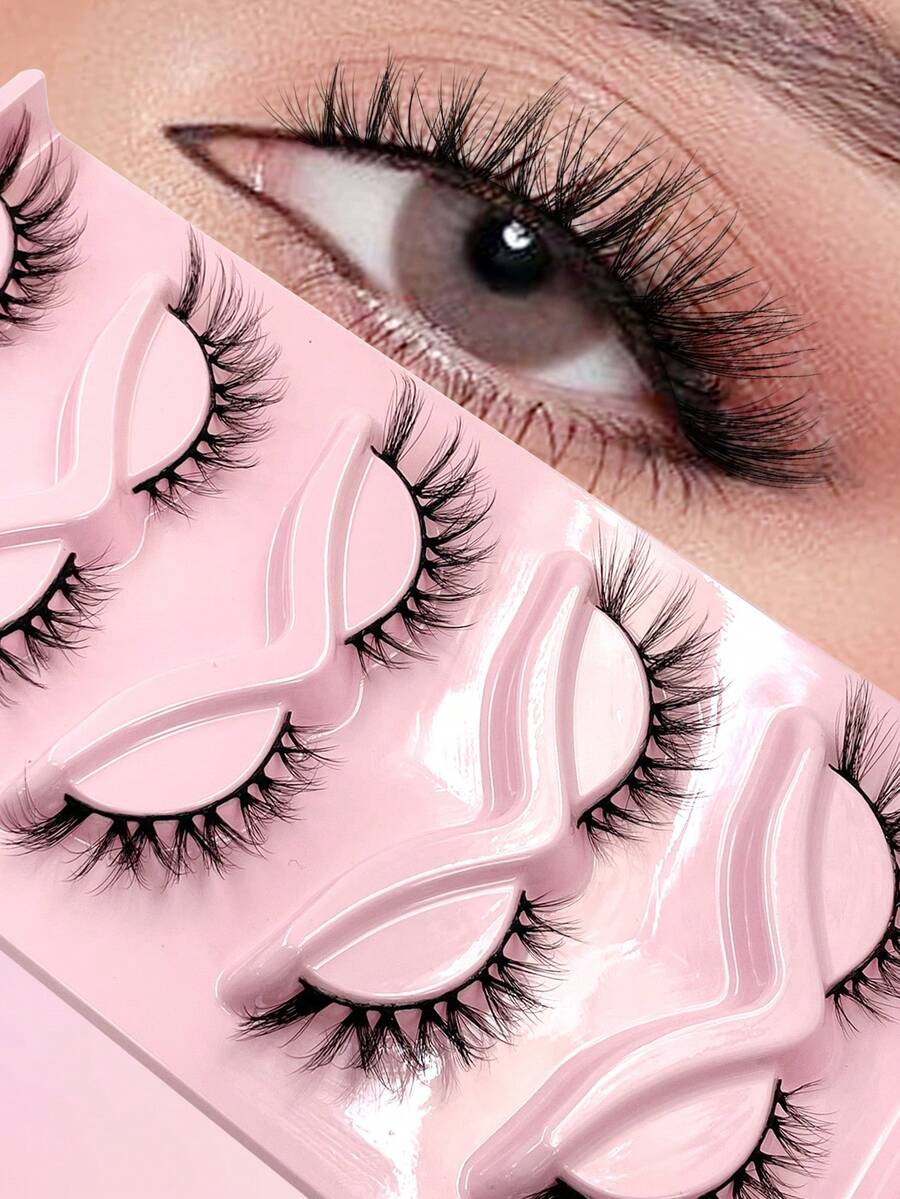 ENCHUW 5 对蓬松猫眼睫毛 3D 卷曲仿貂皮睫毛假睫毛看起来像延长的浓密柔软卷曲假睫毛 - 黑色 - 查看 1