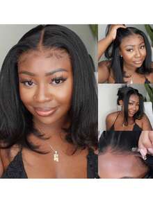 Bob Kinky Straight Hair Wig, 13x4 Clear Lace Front, Pre-Plucking, 180% Density Blended Hair, Women's Wig, Elegant Style, No Glue To Wear, Suitable For Daily Use 8-16 Inch(Blended Wigs-A Mix Of Human Blended Hair And Synthetic)Wigs Human Blended Hair/Women's Human Blended Hair Wig/Human Blended Hair Lace Front Wigs/Wigs Glueless/Bleached Knots/Lace Wig/Costume Party/Halloween - SNatural - View 7